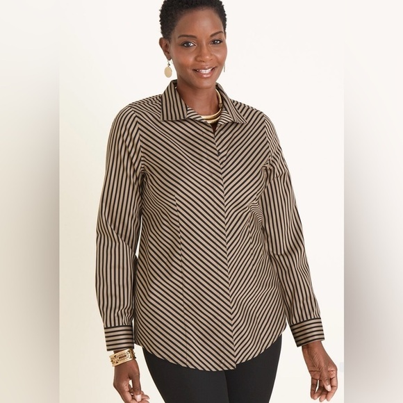 Chicos Women’s No Iron Button Front Shirt US Large Brown Black Stripe Size 3 xl - Picture 1 of 8